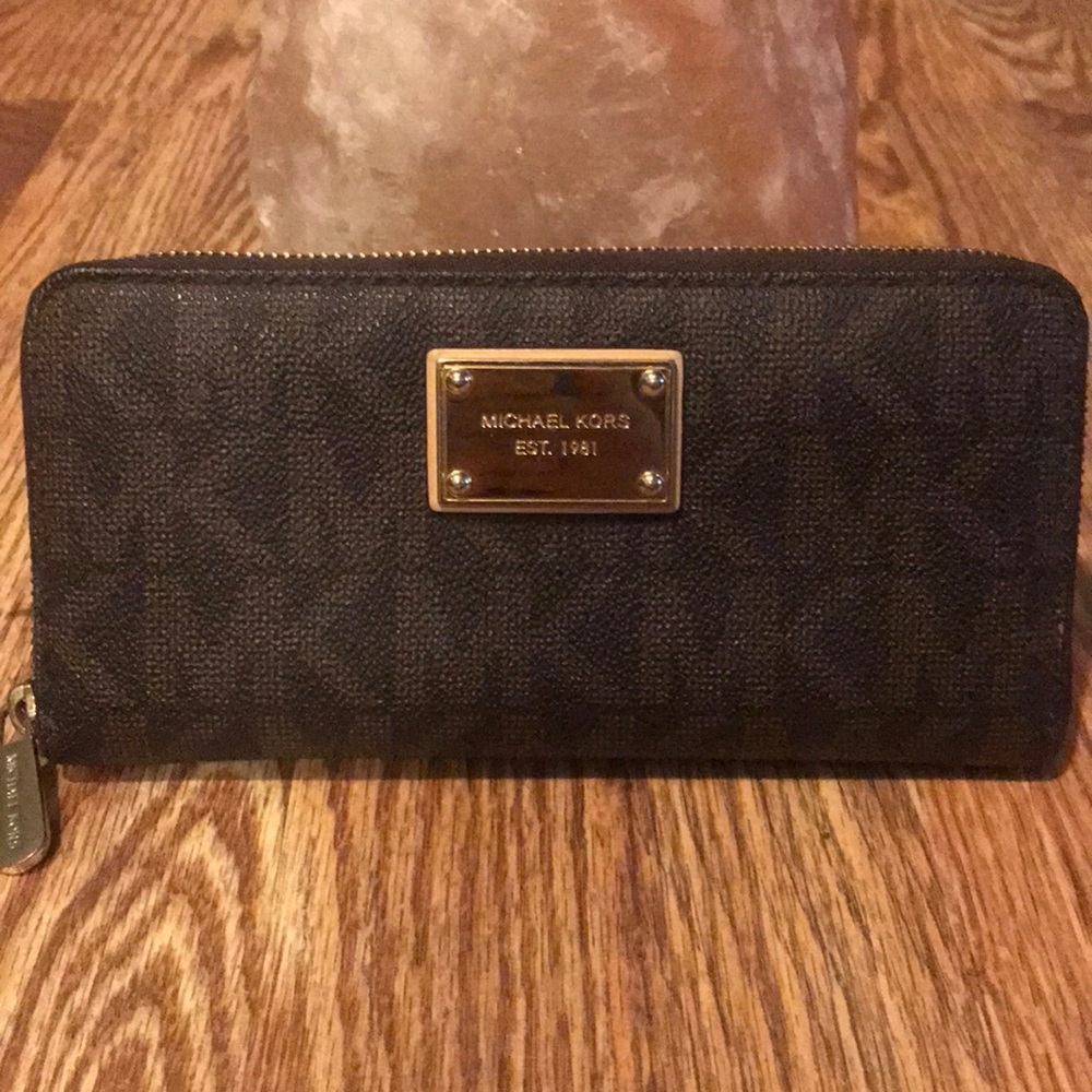 Brown Leather MK Print Wallet